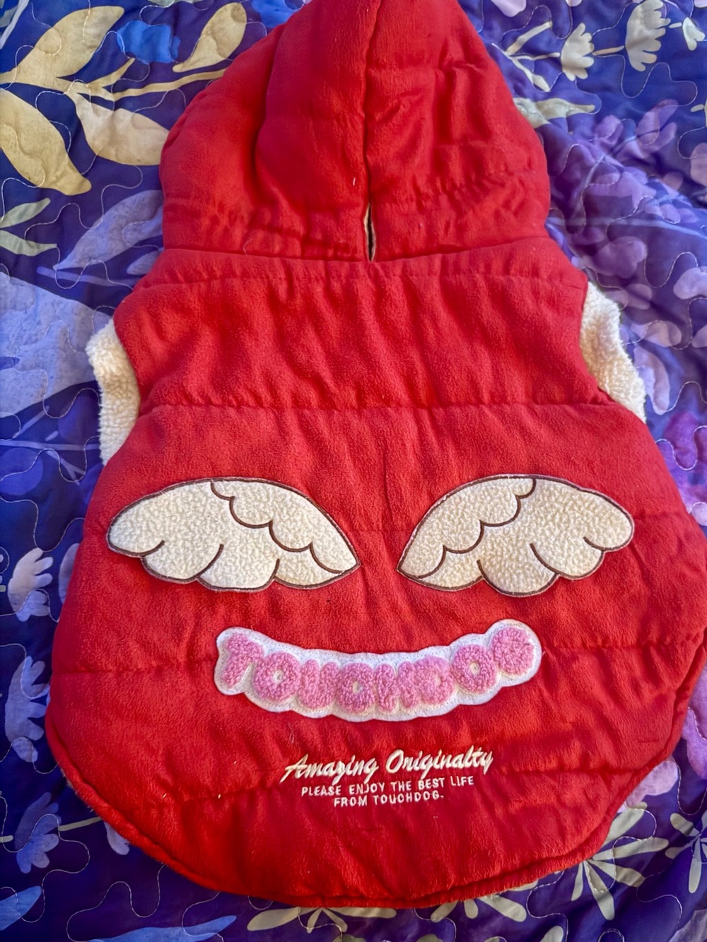 Red Hooded Dog Vest with Wing Appliqués